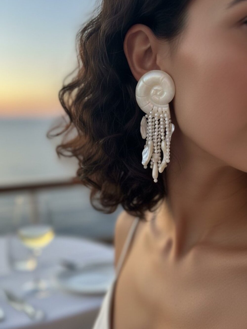 NWT Tuckernuck White & Pearl Shelly Statement Earrings Coastal Nautilus Shell